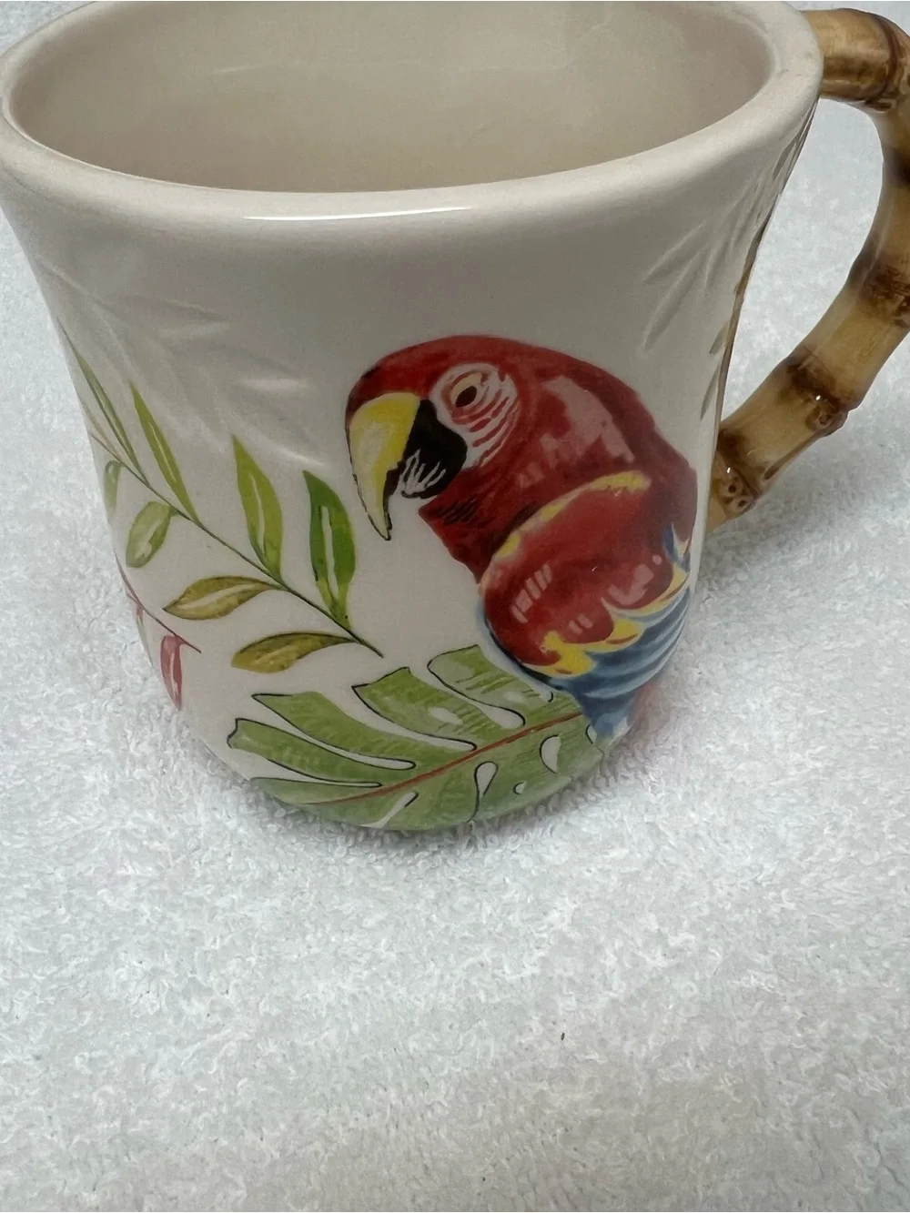 Pier 1 Imports Ceramic Coffee Mug with Parrot and Ceramic Bamboo Handle